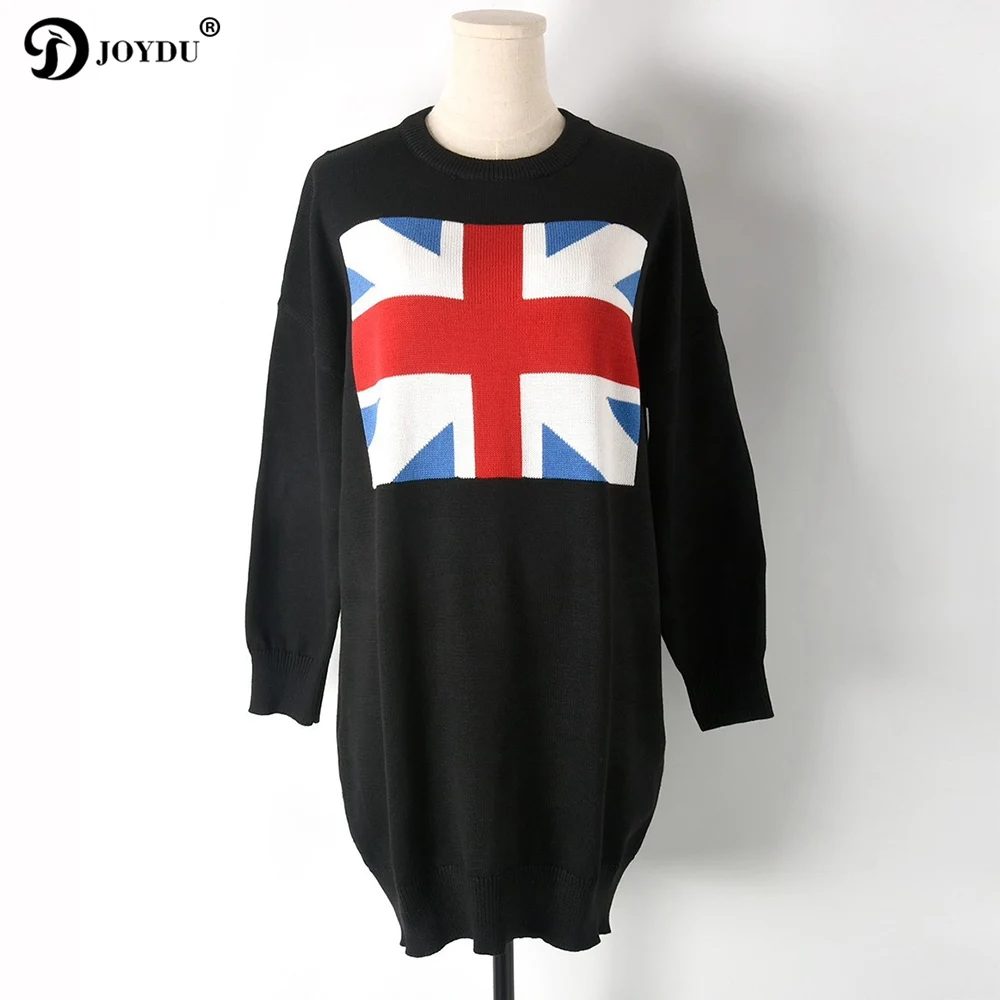 JOYDU vestidos Casual Dress 2018 New Winter Runway Design British Flag Pattern Knit Sweater Women Oversized Office | Женская одежда