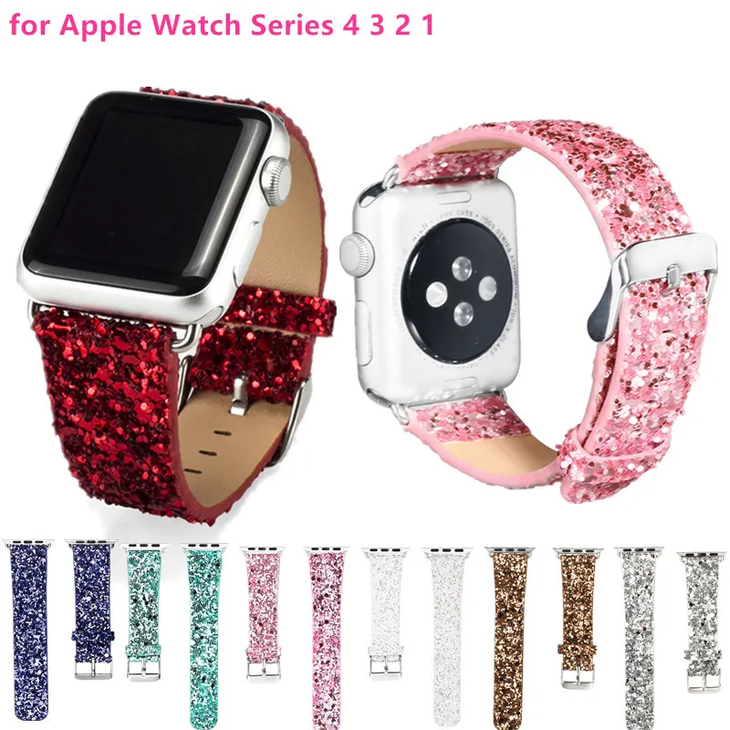 Блестящий кожаный ремешок для Apple Watch band 4 44 мм 40 шикарный роскошный браслет iwatch 3 2 1