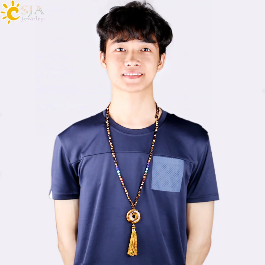 CSJA Reiki Boho Tassel Necklaces Chakra 6mm Natural Gem Stones Yoga Mala Bead Pink Quartz Round Donut Pendant Long Necklace E800 |