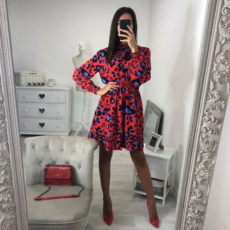 BornToGirl для женщин Осень Зима с длинным рукавом высокая шея черный зеленый красный горошек леопардовое платье - Цвет: Красный