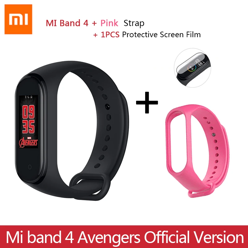 Add pink Strap Новейший Xiaomi mi браслет 4 Мстители официальное издание Смарт mi Band 4 Мститель браслет Bluetooth 5,0 пульсометр фитнес - Цвет: Add pink Strap