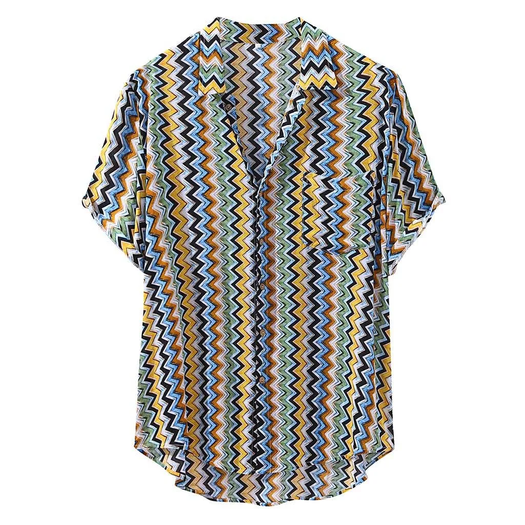 Yellow Мужская рубашка для отдыха Camisa, многоцветная, с нагрудным карманом, короткий рукав, круглый подол, свободные рубашки, блузка, Гавайские пляжные Топы - Цвет: Yellow