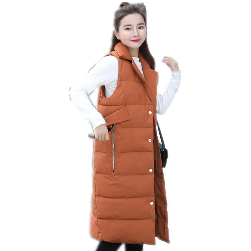 Autumn Winter Women's Vest New Arrival Fashion Female Long Vest Turn-Down Collar Button Slim Down Cotton Vest Mujer CQ2358