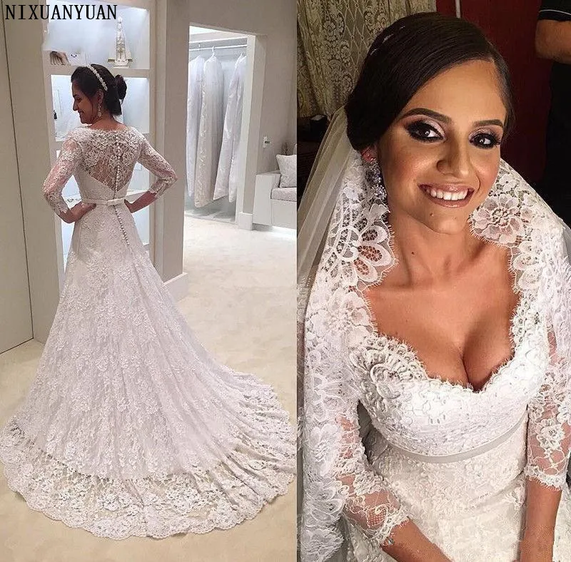 Sexy Sweetheart Mermaid Bridal Dress Long Sleeve Sash Full Lace Vintage Wedding Dresses 2021 Fashion Custom Made Gowns | Свадьбы и