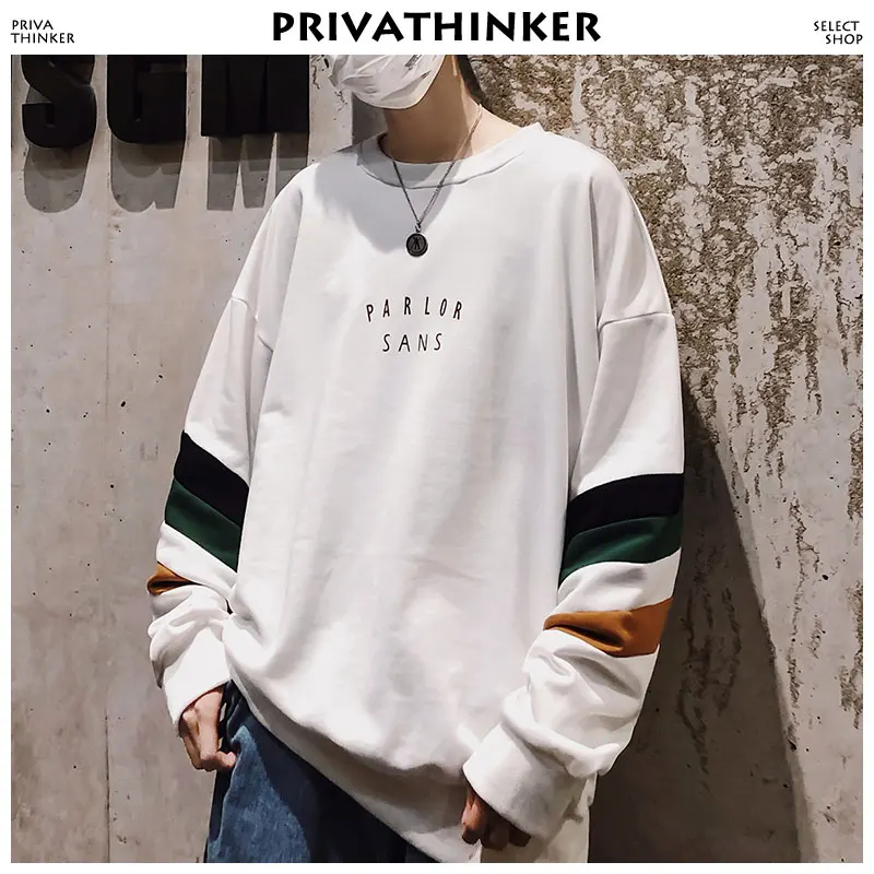 Privathinker Striped Hoodies Mens Clothing 2019 Men Japanese Streetwear Round Sweatshirts Male Loose Pullover Color Block Hoodie | Мужская