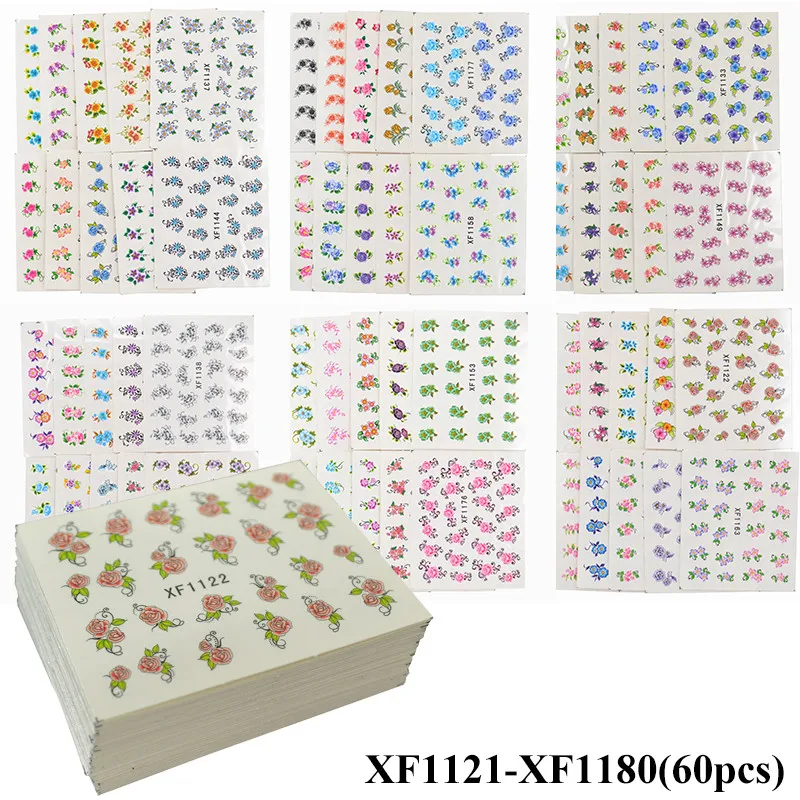 60 Sheets Смешанные новые дизайны, акварельные цветочные наклейки, наклейки для ногтей, набор для гелевого маникюра, Декор, водная ползунок, фольга, набор - Цвет: 60 Sheets