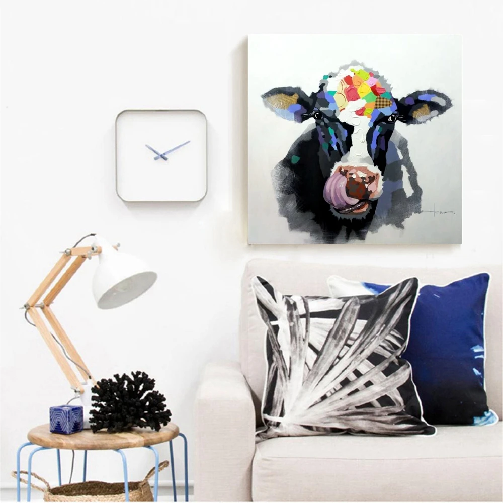 Oil Paintings Abstract Cow Artwork Wall Art Painting for Restaurant Room Wall Decor Cow That Licks Its Nose Nordic Hand Painted