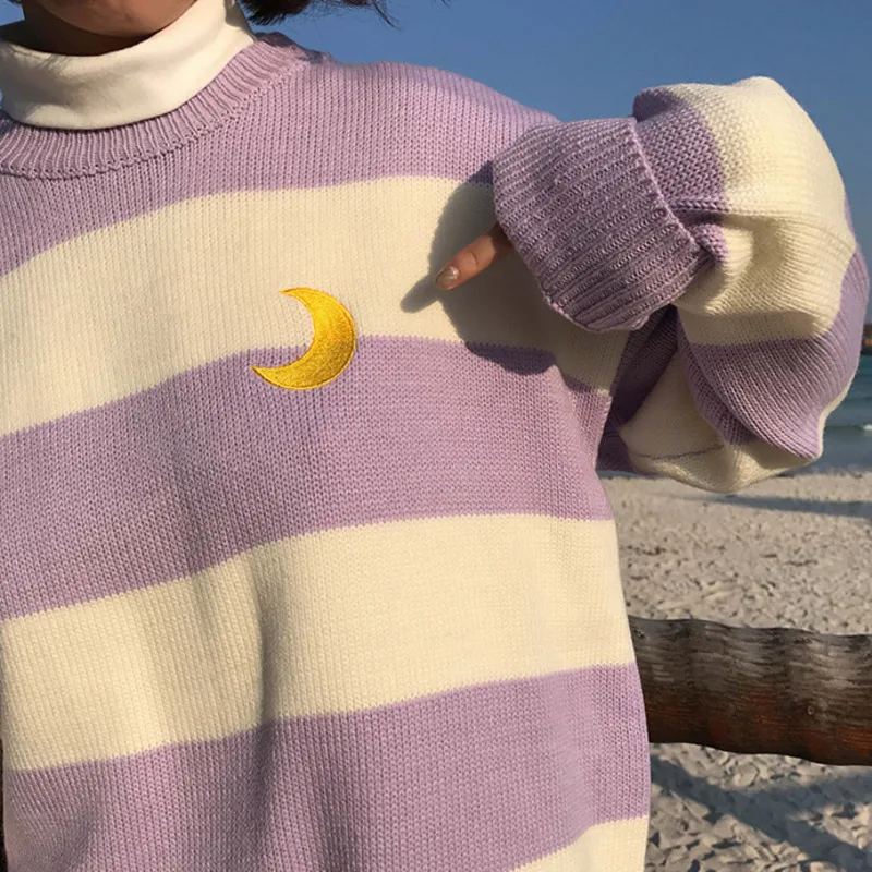 Корейский стиль, женские свитера, Kawaii, мороженое, цветная полоска, луна, вышивка, милая вязаная одежда, женская одежда Harajuku, Осень-зима