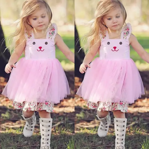 2018 New Kid Girls Halter Pink Tutu Dress Rabbit Princess Baby Girl Cute Bunny Floral Tulle Summer Chidlren Clothes | Детская одежда и
