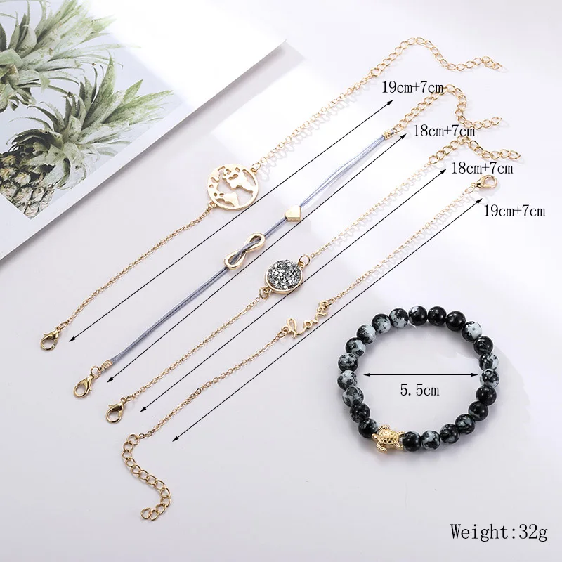 5 Pcs/set Boho Fashion Gold Chain Map Love Letter Pendant Charm Bracelets Set For Women 2019 Trendy Natural Marble Bead Bracelet | Украшения