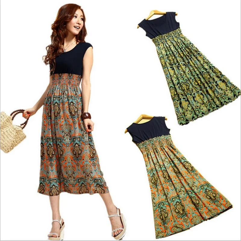 Женское длинное пляжное платье повседневное лоскутное с винтажным принтом в