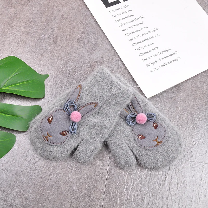 Серый Wecute/перчатки из кролика с героями мультфильмов; зимние детские толстые теплые перчатки; Милые Шерстяные варежки с кроличьим мехом для девочек - Цвет: Серый
