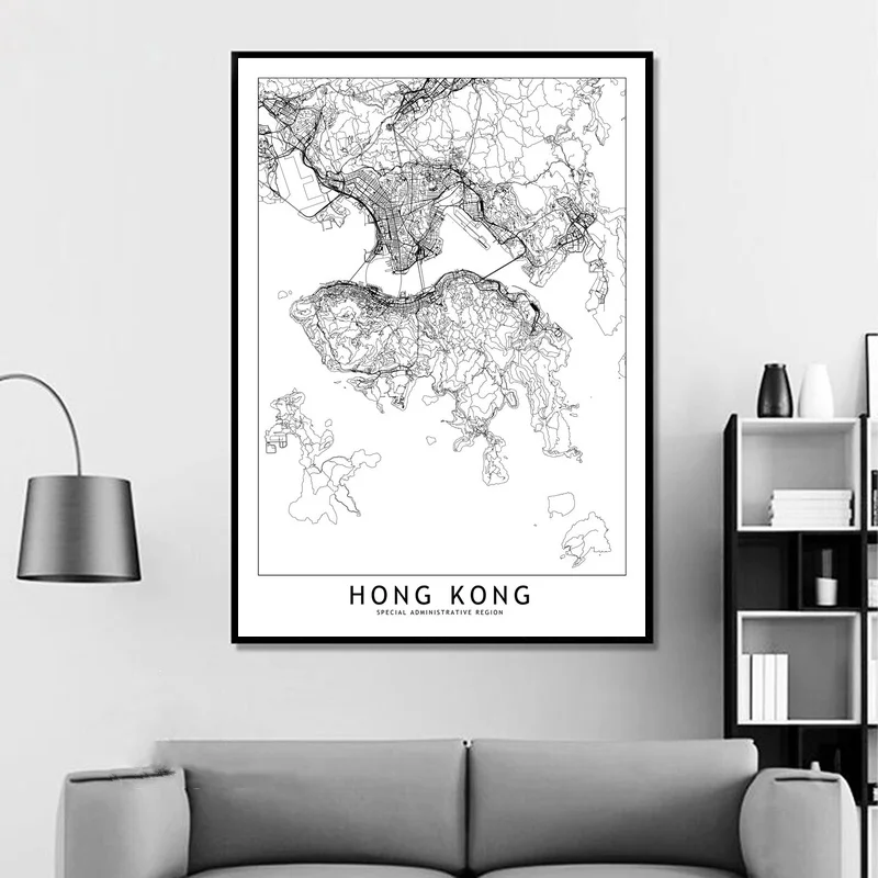 Hong Kong черный белый цвет на заказ карта городов мира Плакаты принты Nordic Стиль