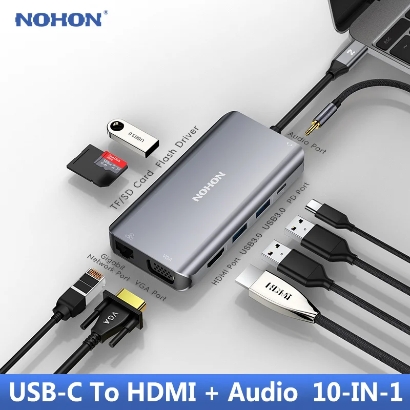 NOHON usb-хаб 3,0-Мульти USB C концентратор HDMI адаптер аудио NIC порт для MacBook huawei mate 20 Pro type C концентратор USB-C док-станция - Цвет: 10-IN-1 HDMI Audio