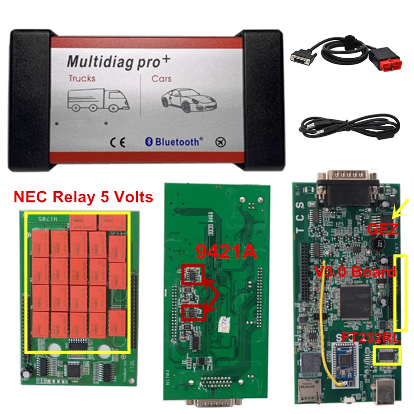 10 шт./лот DHL Multidiag Pro TCS NEC 5V Реле V3.0 плата двойной полный комплект с bluetooth OBDII