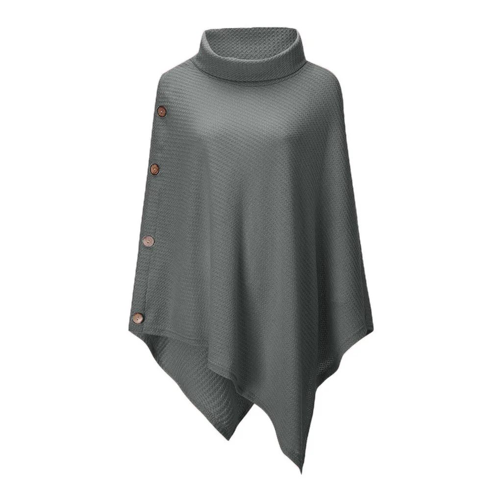 Женское Трикотажное пончо с высоким воротом и пуговицами пуловер асимметричным