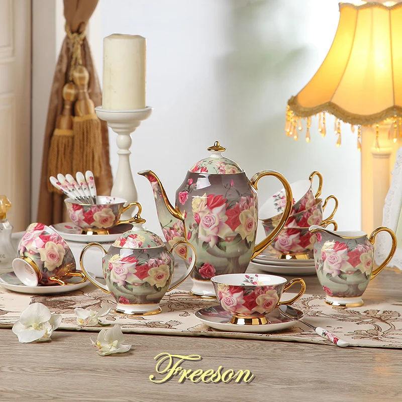

Vintage Rose Bone China Coffee Set British Porcelain Tea Set Ceramic Pot Creamer Sugar Bowl Teatime Teapot Coffee Cup Coffeeware