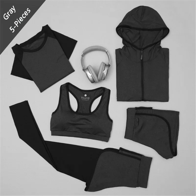 

XC LOHAS LadiesTracksuits For Women Yoga Set Workout Gym Clothes Sports Bra+zipper hooded jacket+leggings+Shorts+Sports tshirt