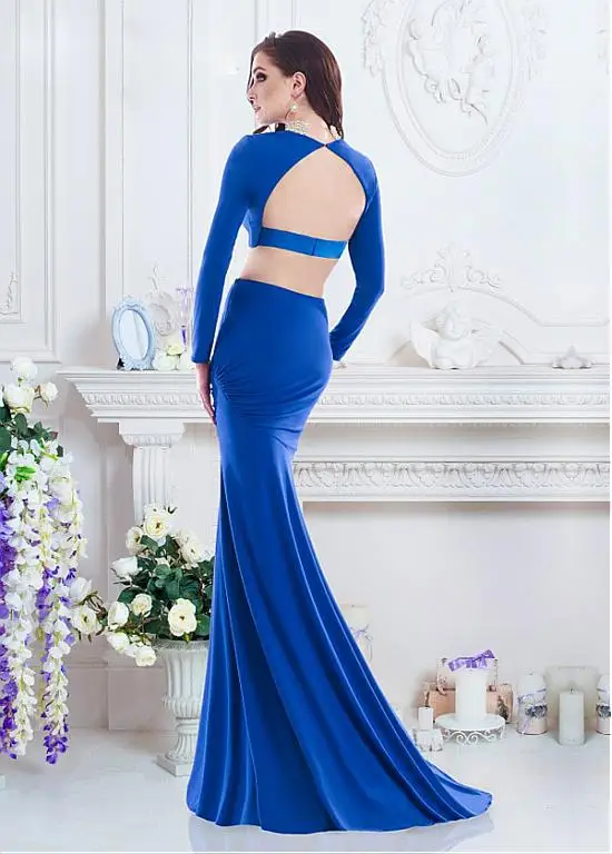 2016 Summer Blue 2 Pieces Mermaid Prom Dresses Crystal Beading High Neck Long Sleeve Court Train Chiffon Evening Party Gowns | Свадьбы и