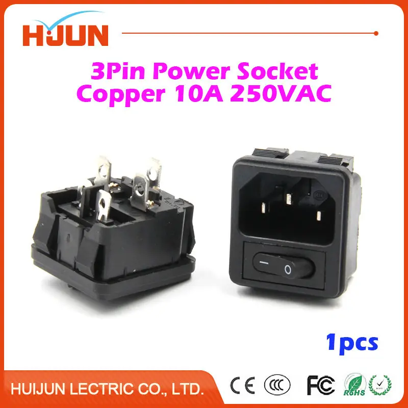 

1Pcs High Quality 3 Pin Safe Male Square Power Socket Copper Black Switch Inlet Connector Plug 10A 250V AC Computer Apparatus