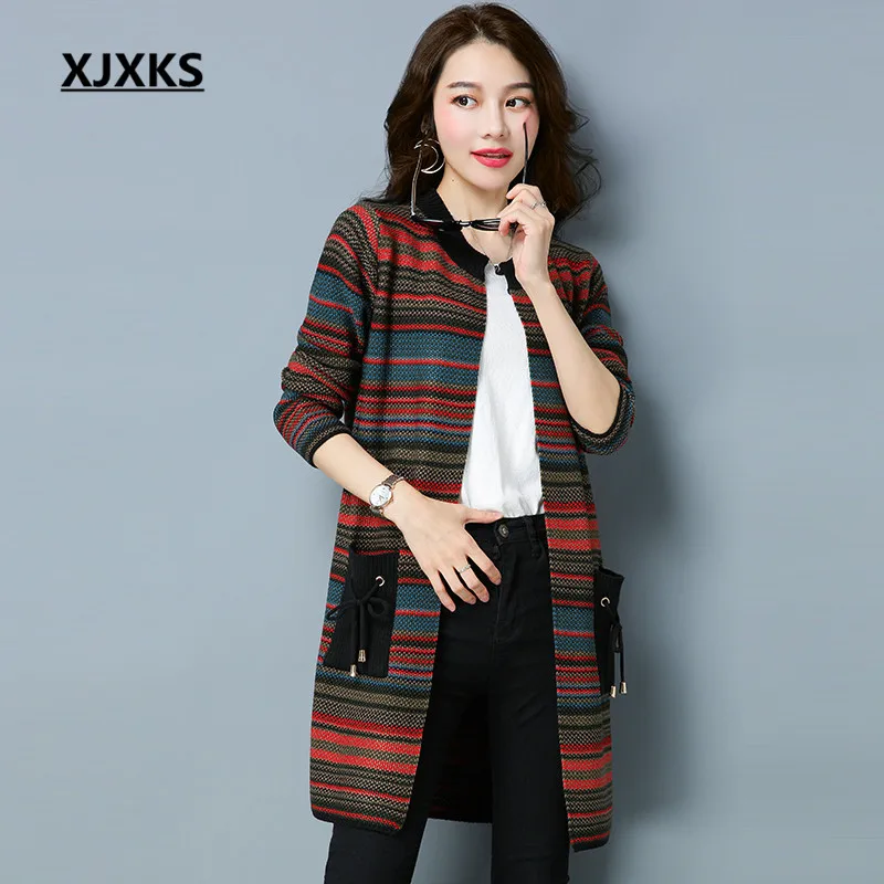 XJXKS Round Neck Caridgans Sweater Coat Lace Up Pockets With Colorful Striped Knitted Autumn Women Sweaters Coats |