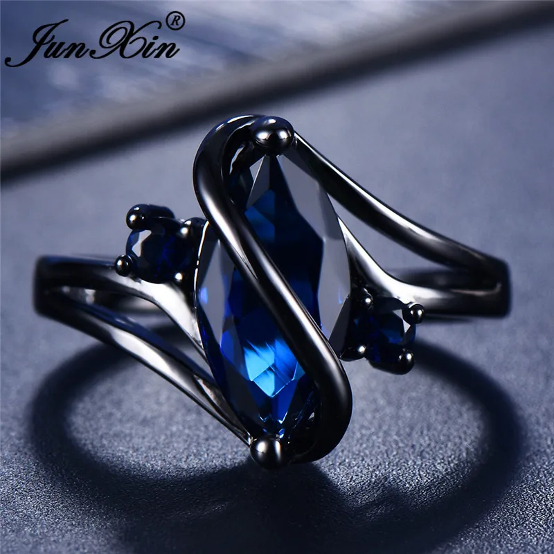 JUNXIN Vintage Blue Stone S Shaped Wedding For Women Men Black Gold Filled Big Marquise Zircon Engagement Ring Band Jewelry | Украшения и