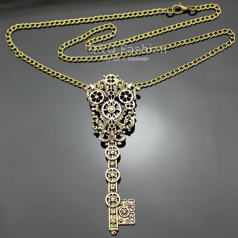 Vintage Silver Plated Victorian Filigree Skeleton Key Watch Clock Gear Cog Steampunk Chain Necklace Jewelry | Украшения и