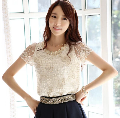 Женская шифоновая блузка с коротким рукавом и вышивкой бисером|female clothing|lace
