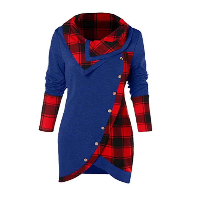 

New Spring Autumn Women Sweatshirts Plus Size Casual Loose Turn-Down Contrast Colour Plaid Button Sweatshirt For Women Outerwear