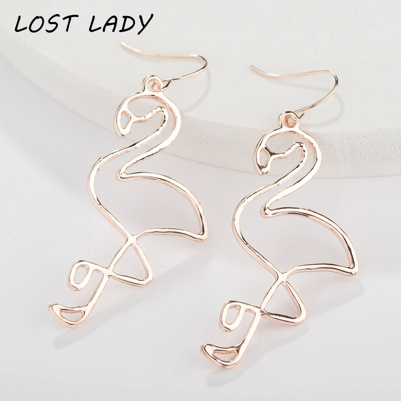 Lost Lady Лидер продаж Металл розовое золото полый серьги в форме фламинго для женщин