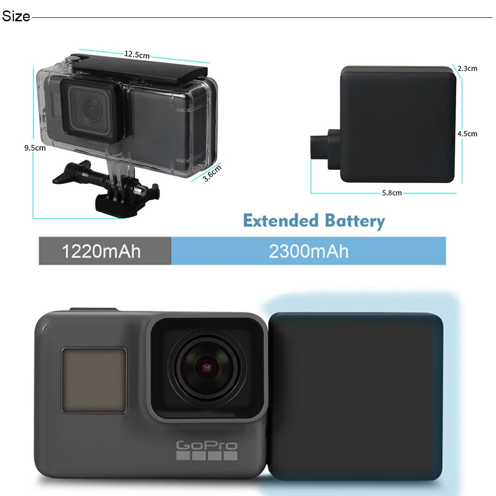 FeoconT расширенная батарея для GoPro 5 Go Pro 6 Водонепроницаемый Защитный чехол Корпус для дайвинга с боковым внешним аккумулятором
