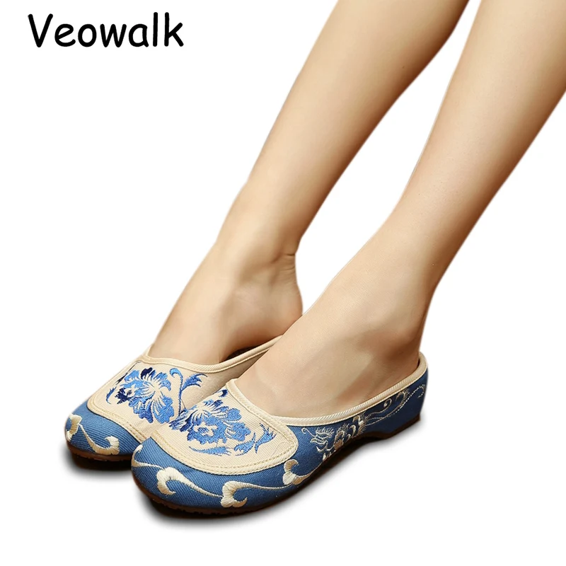 Veowalk/Летняя обувь ручной работы из хлопчатобумажной ткани; женские шлепанцы в стиле старого Пекина; китайские слипоны с сине-белой вышивкой; большие размеры 34-41
