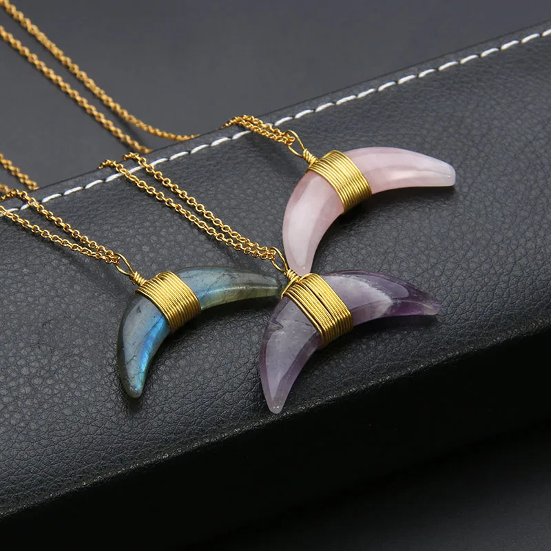 Натуральная чакра рейки Фиолетовый Кристалл полумесяц розовое ожерелье ручная