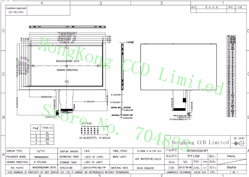 BI70WV030-WT 7 дюймов ЖК-дисплей экран интерфейсом RGB TFT экран 800x480(с Рези стираным тачскрином