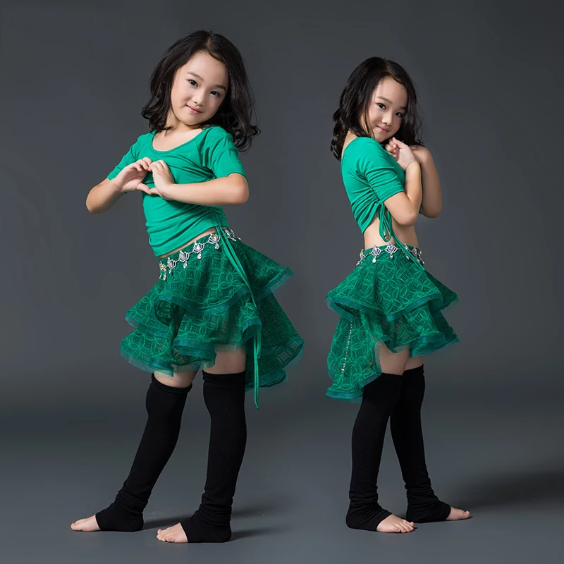 Восточные костюмы Bellydance для детей рубашка с коротким рукавом кружевная юбка