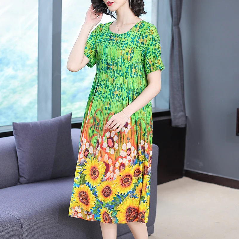 

2019 Summer Dress Elegant Imitate Real Silk Dresses Women Fashion O-Neck Vintage Dresses Plus Size Short Sleeve Print Dress