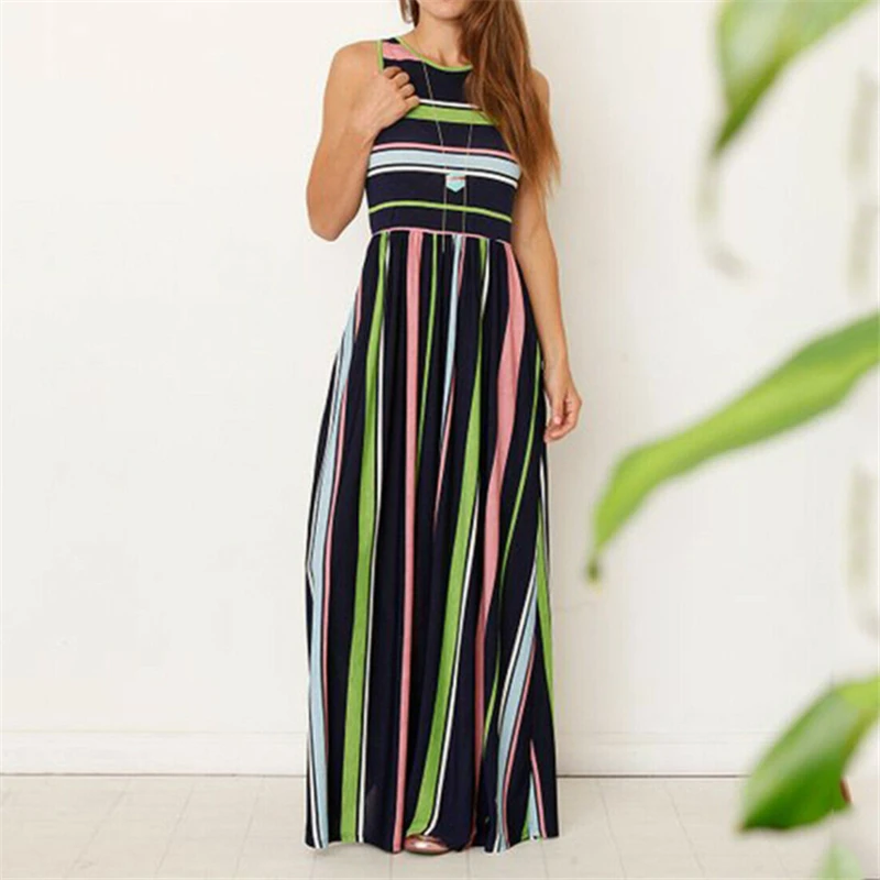 Большие размеры 2XL летние платья повседневные Свободные Boho полосатые без рукавов с круглым вырезом Макси длинное платье модное женское платье Vestidos