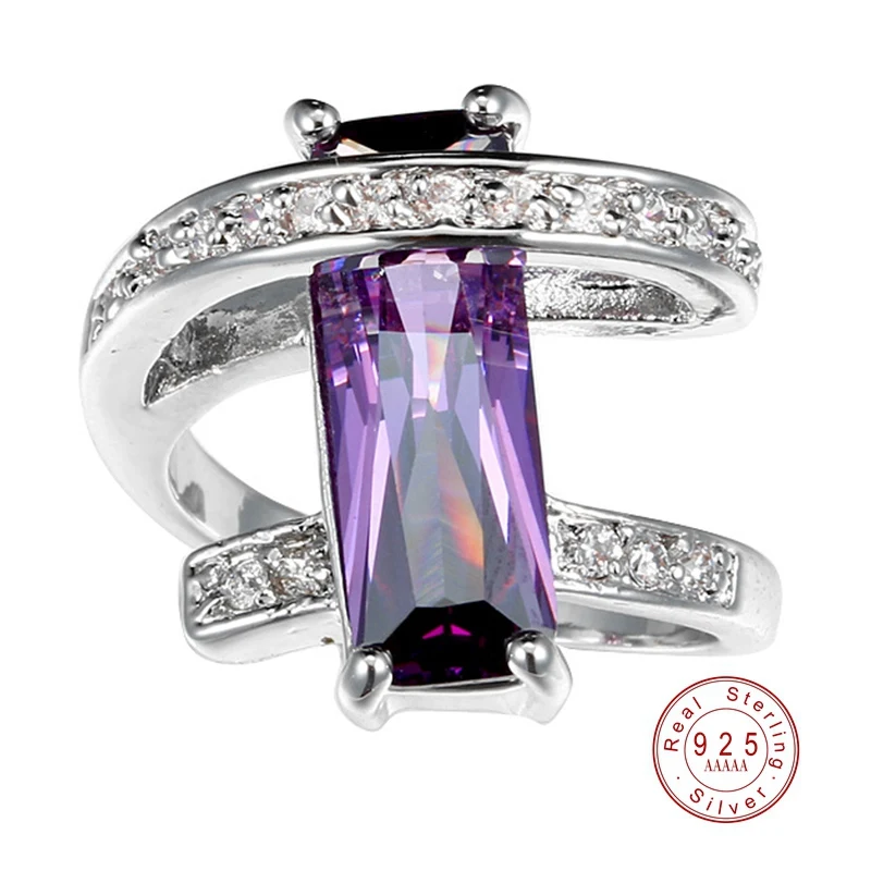 Purple Классическое роскошное Настоящее твердое 925 пробы Серебряное кольцо 2 карата 5 из цветного циркона, хрусталя, обручальное Ювелирное кольцо для женщин - Цвет основного камня: Purple