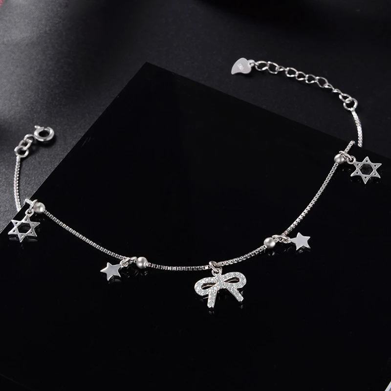 Браслеты на ногу женские из серебра 100% пробы со звездами | Украшения и аксессуары