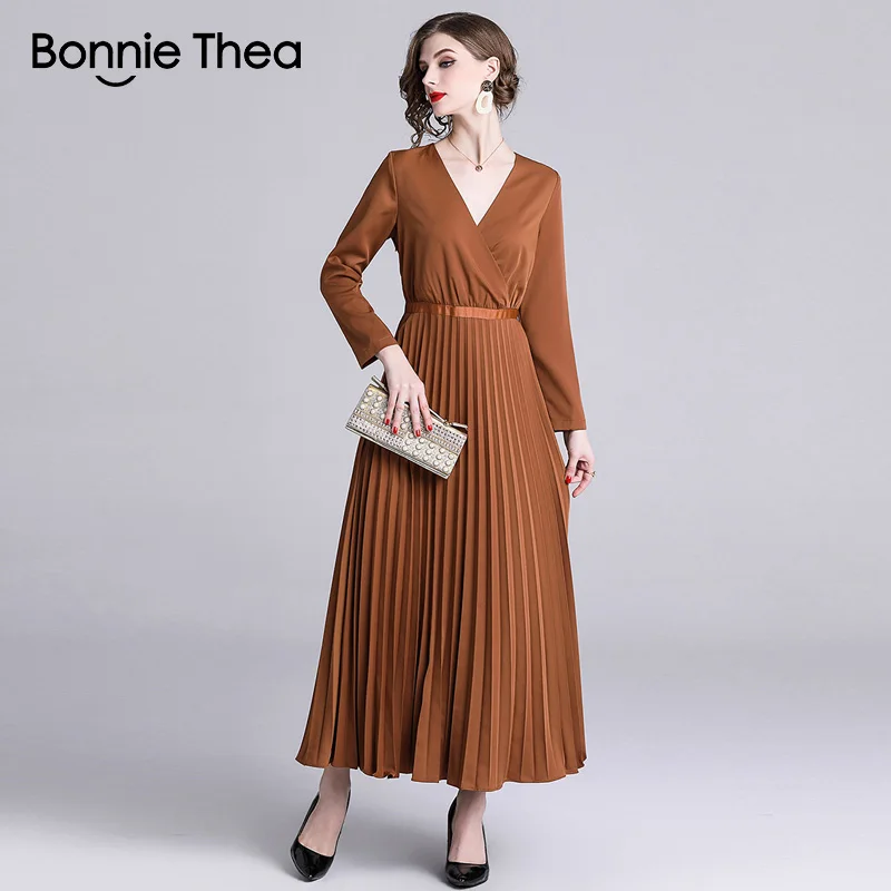 Женское зимнее однотонное плиссированное платье макси Bonnie Thea женское осеннее
