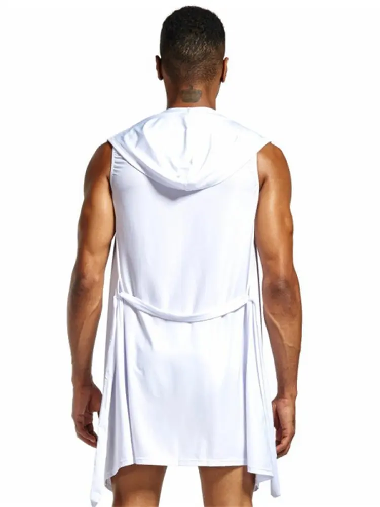 Мужской банный халат без рукавов с капюшоном Пижама кимоно ледяной шелк летняя