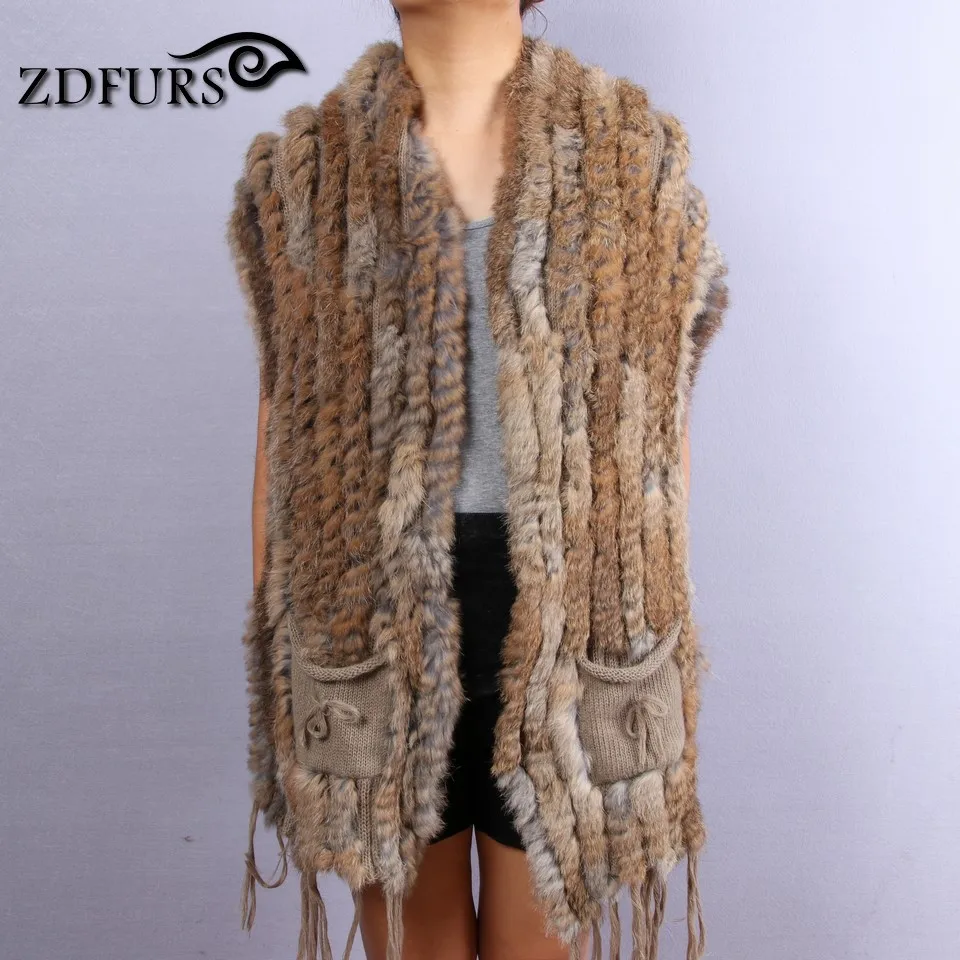 ZDFURS* Лидер продаж, модная шаль из кроличьего меха, вязаный жилет из кроличьего меха с карманом, свитер из кроличьего меха, жилет, пончо, ZDKR-165004 - Цвет: nature brown