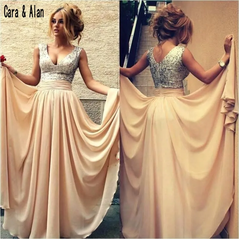 

Vintage Champagne Silver Sequined Bridesmaid Dresses Long Chiffon V Neck Girls Wedding Party Guest Dress Miad of Honor Gowns