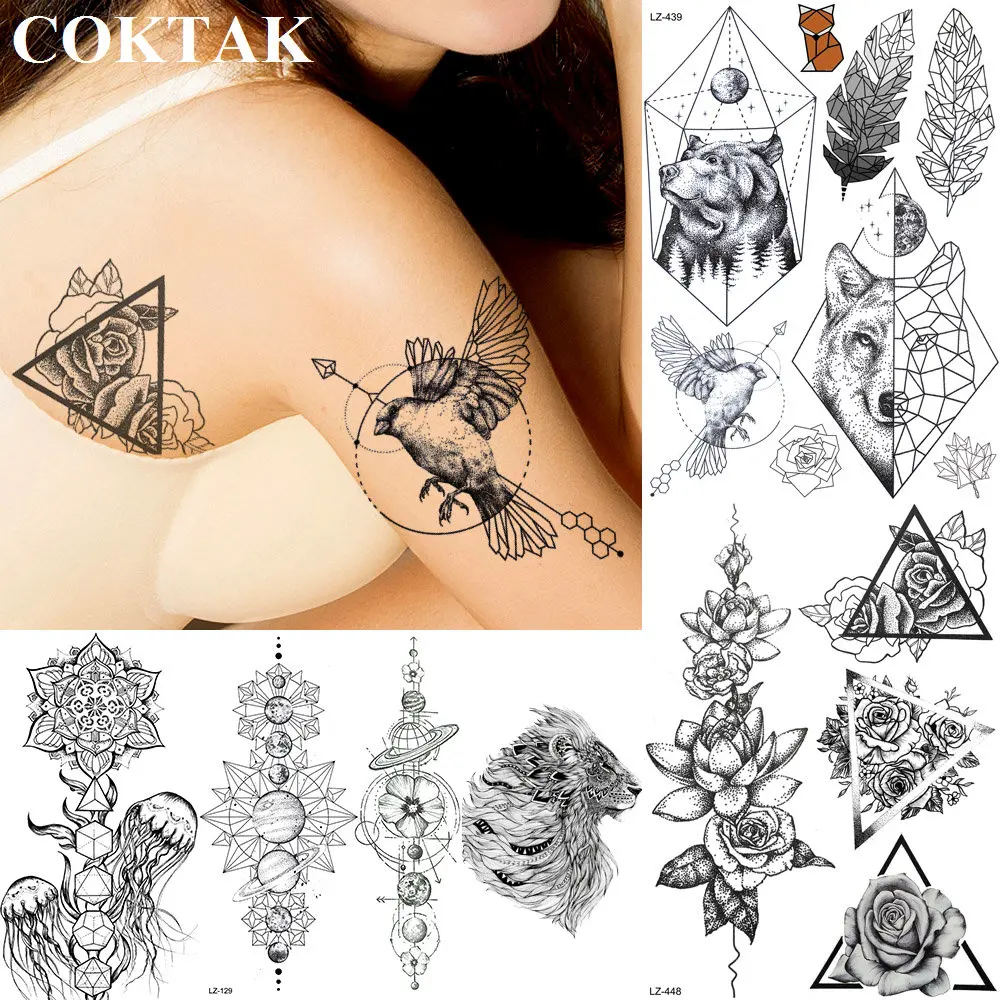 

COKTAK Geometric Wolf Bear Diamond Temporary Tattoos Sticker Leaves Feather Moon Tattoo Body Art Arm Waist 3D Arrow Fake Tatoos