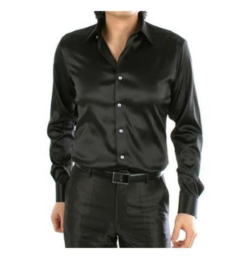 Мужская шелковая рубашка черная с кристаллами на кнопках весну осень длинным