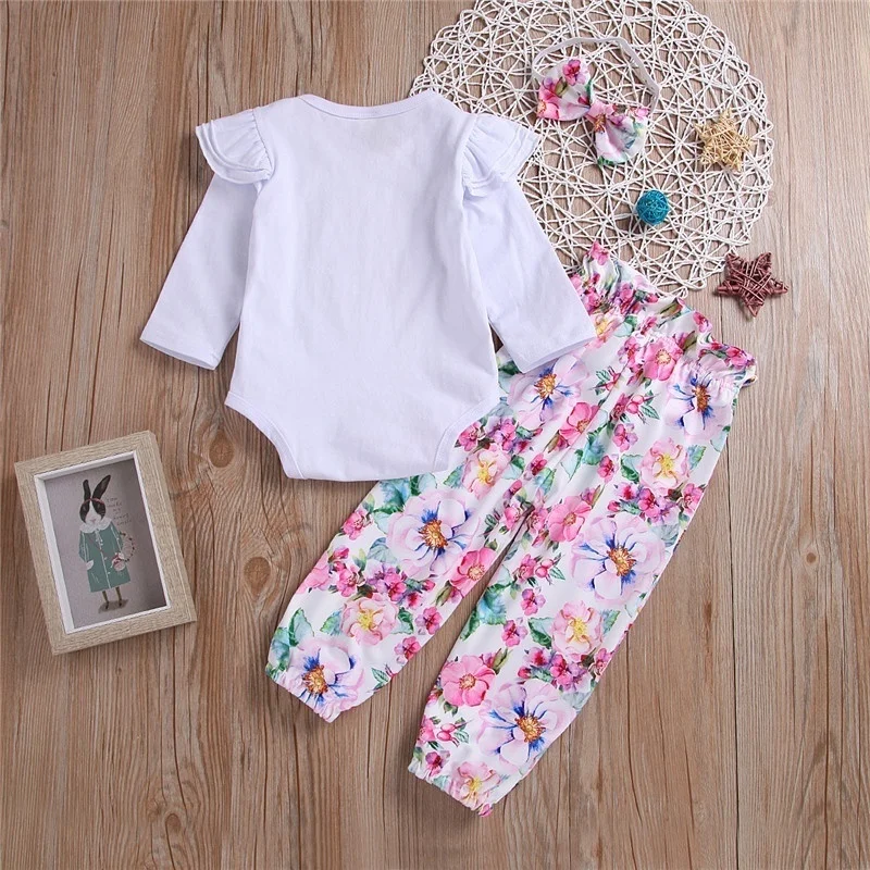 Newborn Baby Girl Mama Is My Bestie Cute Letter Printed Ruffle Long Sleeve Romper Floral Pants with Waist Bowknot Outfits | Детская