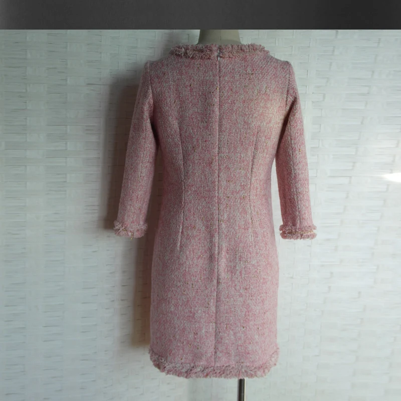 Женское твидовое платье розовое с цепочками весна осень зима 2020|ladies dresses|women