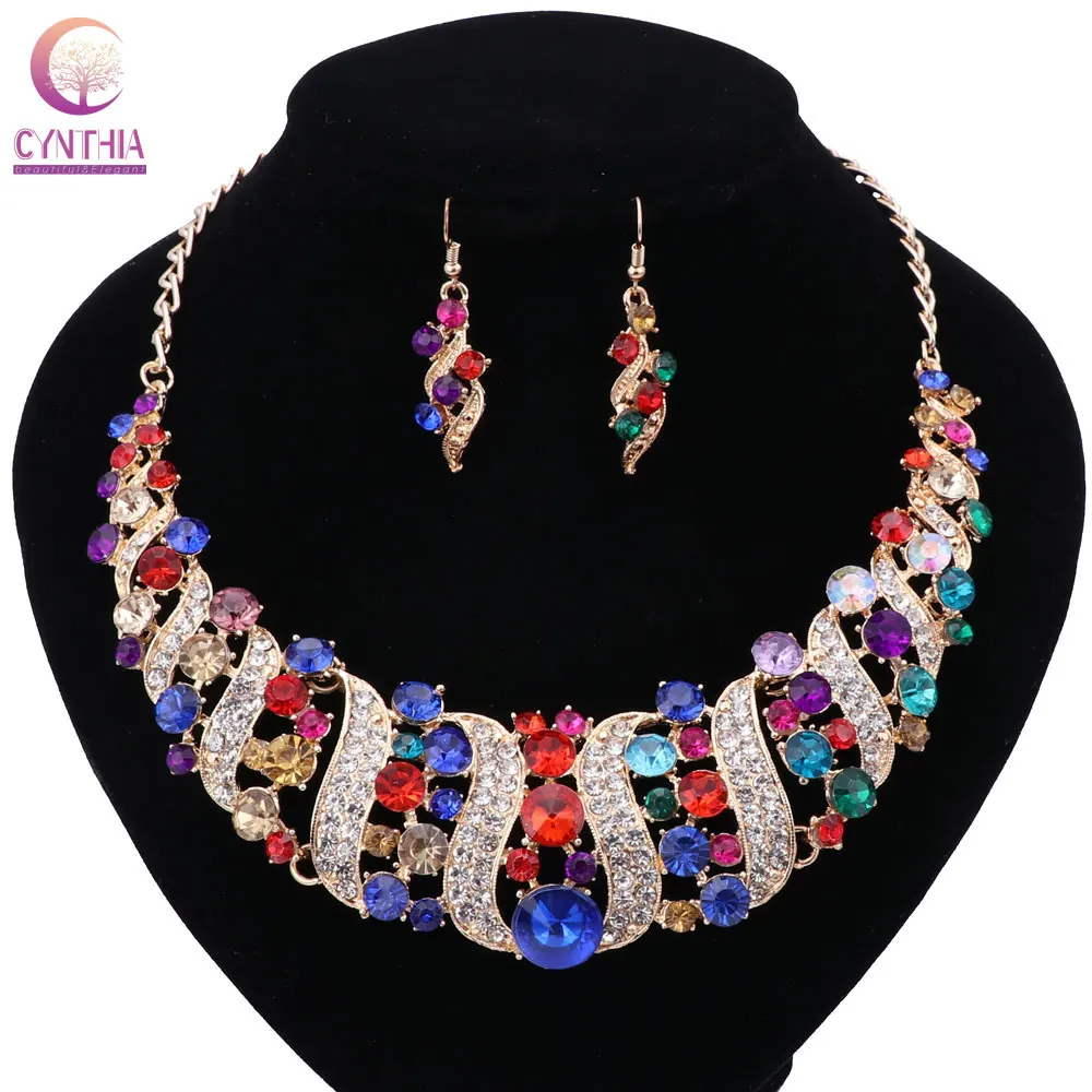 

Brand Golden gold Jewelry Set Wedding Party Jewelry crystal Statement Necklace Earrings Rhinestones Crystal Jewelry Sets