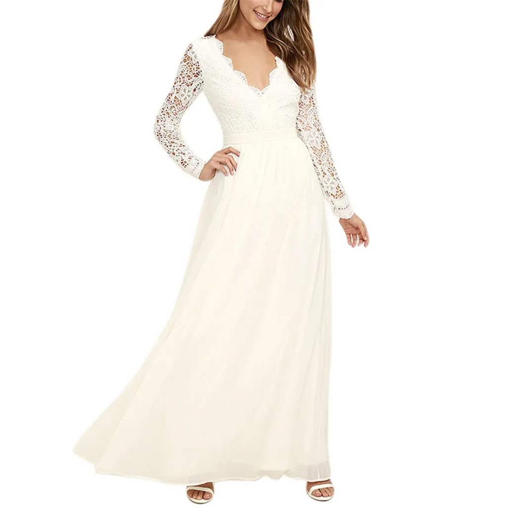 Женское белое платье в пол шифоновое кружевное с v образным вырезом и длинным