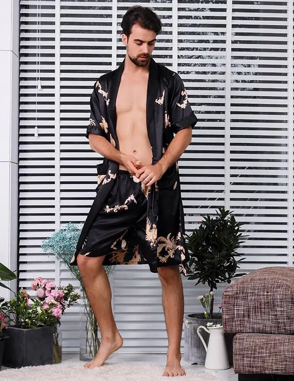 short sleeve set Черный костюм из двух предметов, мужской шелковый халат с драконом, очень большой 5XL халат с драконами, Мужской Атласный халат, шелковое кимоно для мужчин - Цвет: short sleeve set
